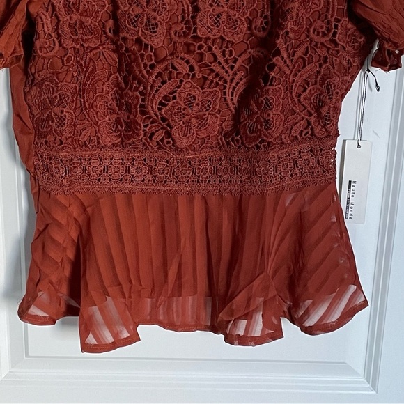 New! Haute Monde Rust Orange Sheer Lace High Neck Peplum Blouse Top 35162 - Picture 11 of 15